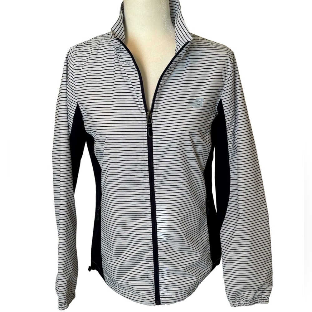 NEW BALANCE Navy and White Striped Warmup Jacket Size Small
